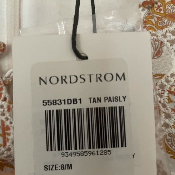 Nordstrom BARDOT Puff Long Sleeve Mini Paisley Tan Dress Button 8 Medium M - Picture 10 of 10